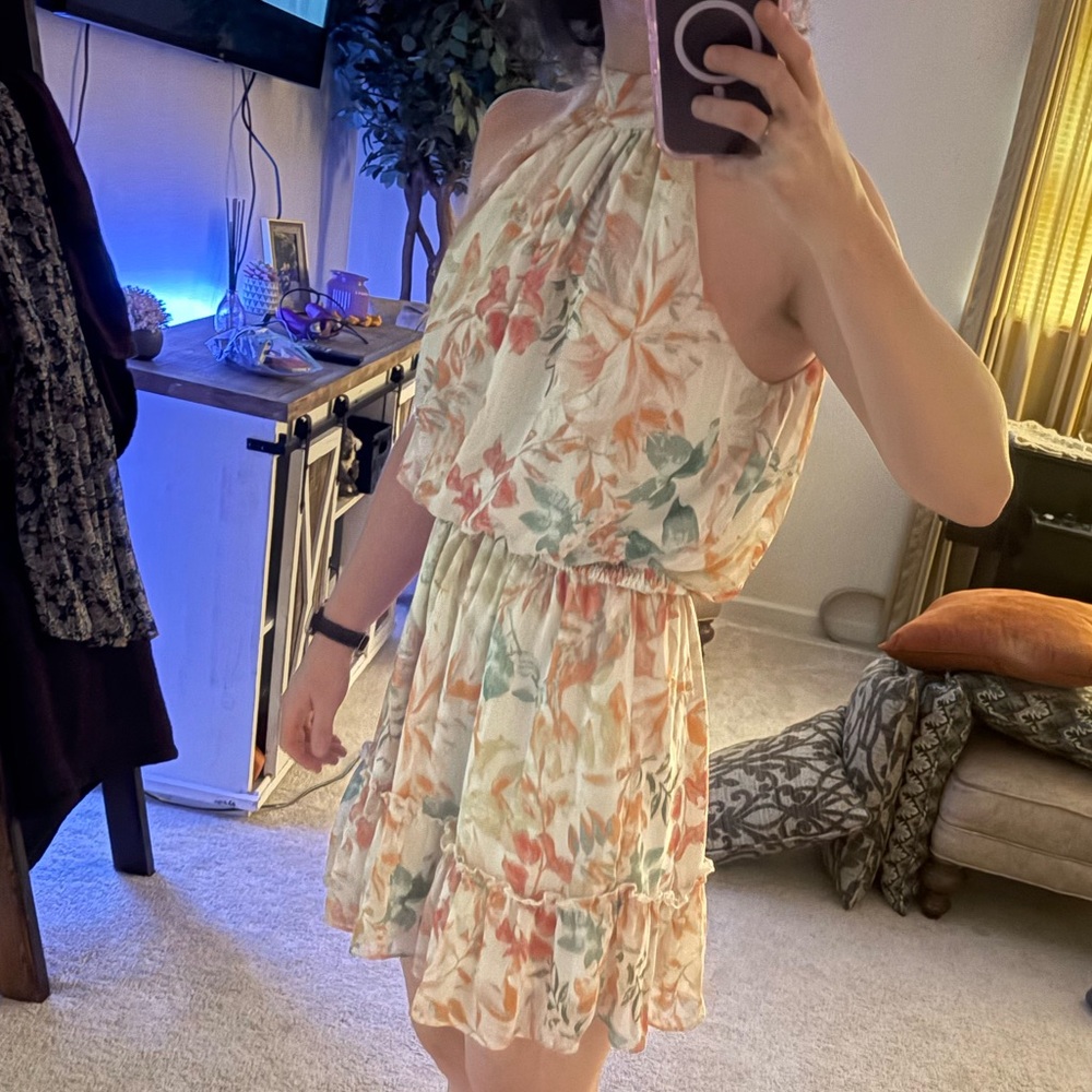 Orange and Green Ruffled Tiered Halter Sundress